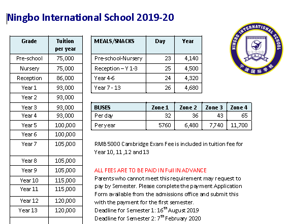 浙江寧波英倫外籍人員子女學(xué)校2019-2020學(xué)年學(xué)費(fèi)參考