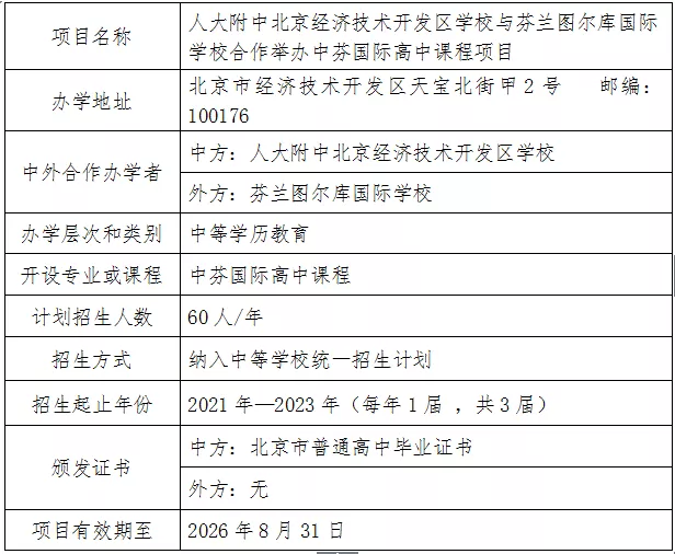 人大附中北京經濟技術開發(fā)區(qū)學校與芬蘭圖爾庫國際學校合作舉辦中芬國際高中課程項目